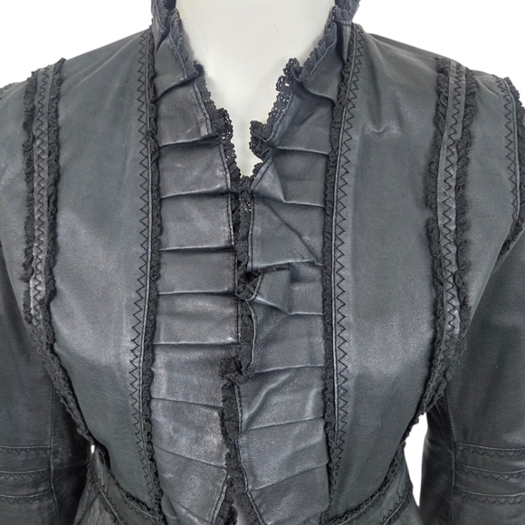 Vintage Y2K Black Leather Jacket Womens Small Ruffle Whimsygoth Romance Coquette - Picture 2 of 12